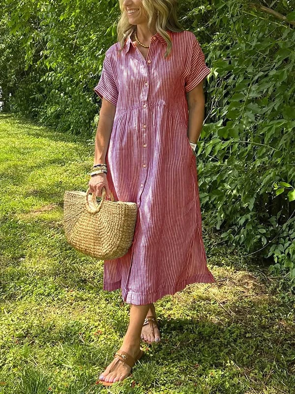 Dame Stribet Maxi Skjortekjole | Knapper-Op Reversstil
