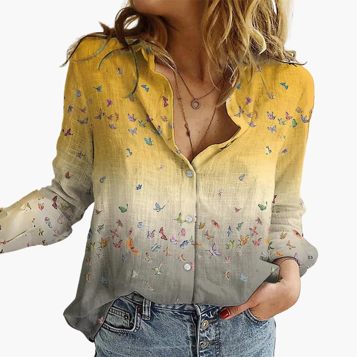 Dame Sommerfugleprint Bluse | V-Udskæring Afslappende Pasform