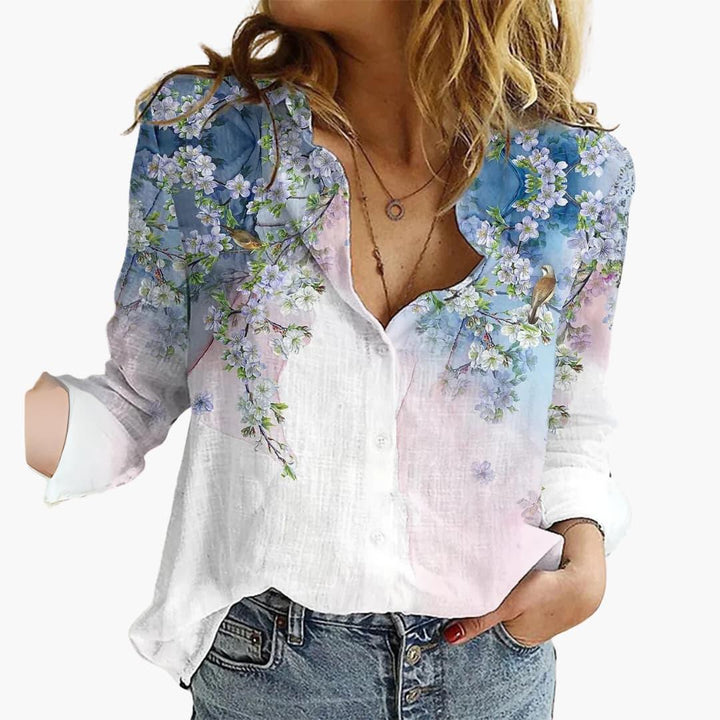 Dame Sommerfugleprint Bluse | V-Udskæring Afslappende Pasform