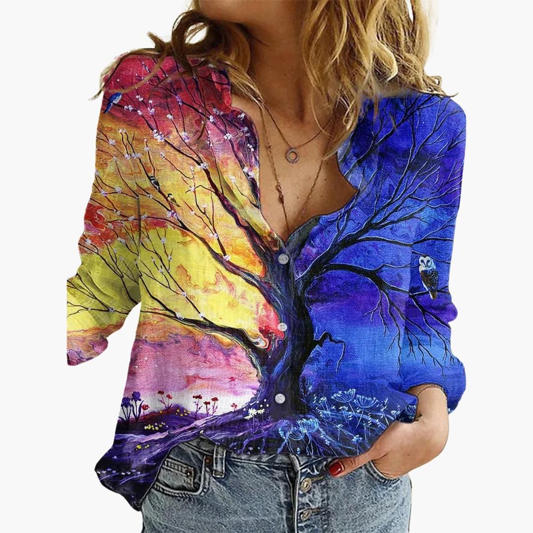 Dame Sommerfugleprint Bluse | V-Udskæring Afslappende Pasform