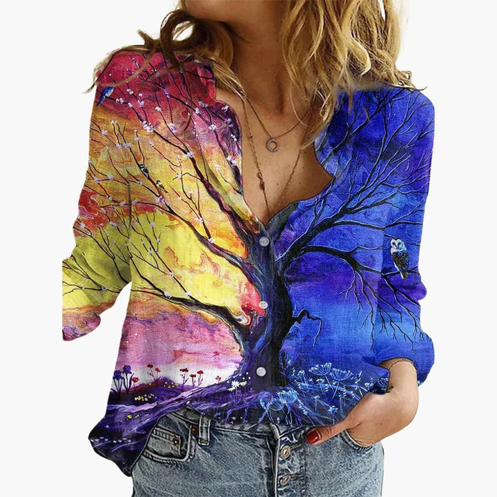 Dame Sommerfugleprint Bluse | V-Udskæring Afslappende Pasform