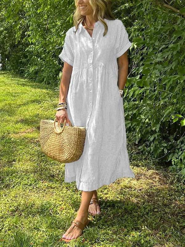 Dame Stribet Maxi Skjortekjole | Knapper-Op Reversstil