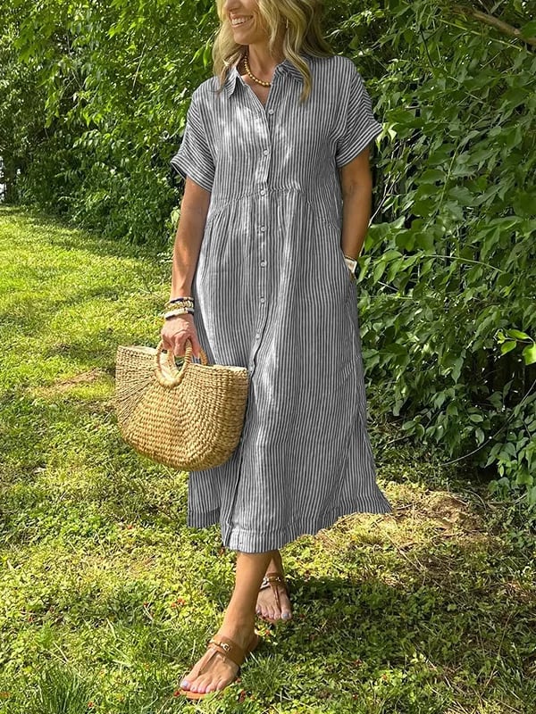 Dame Stribet Maxi Skjortekjole | Knapper-Op Reversstil