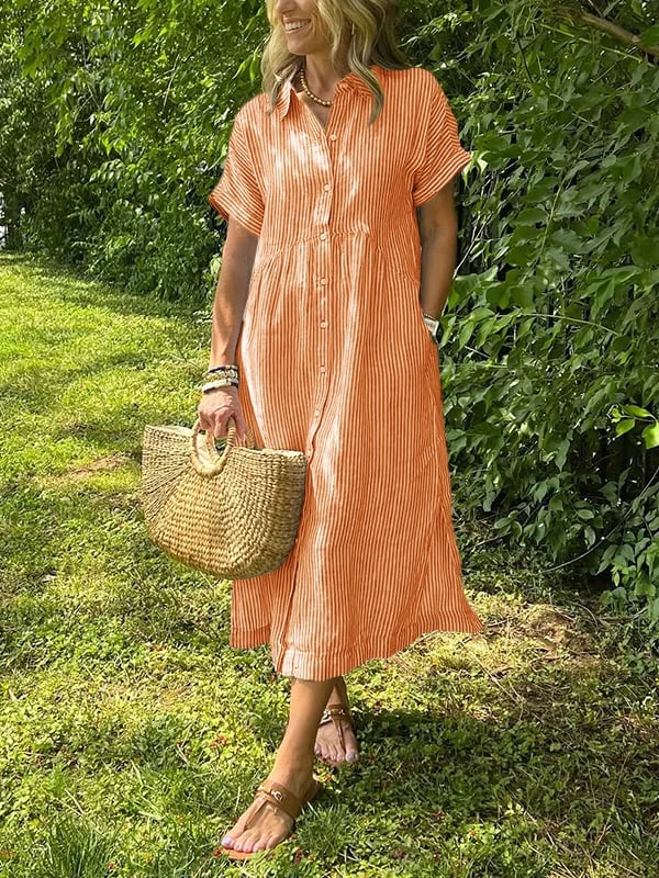 Dame Stribet Maxi Skjortekjole | Knapper-Op Reversstil