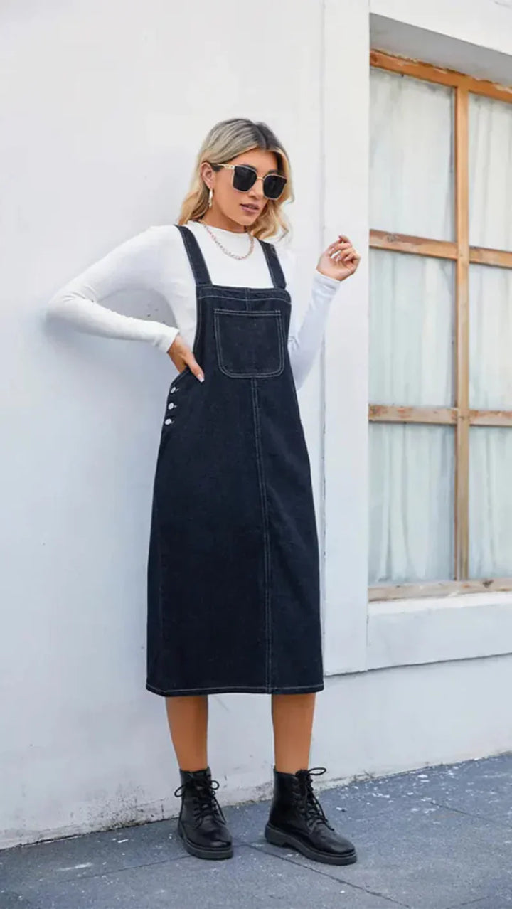 Dame Denimstil Midi Pinafor Kjole