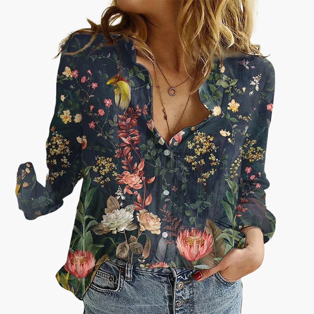 Dame Sommerfugleprint Bluse | V-Udskæring Afslappende Pasform
