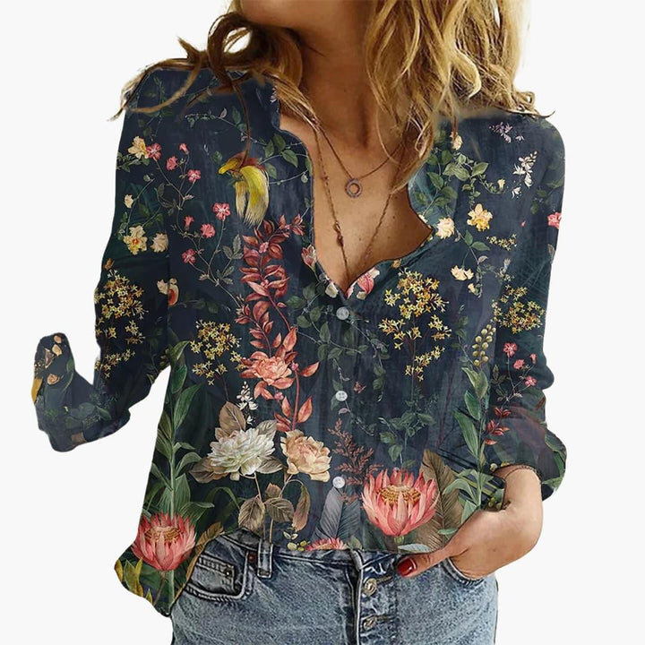 Dame Sommerfugleprint Bluse | V-Udskæring Afslappende Pasform