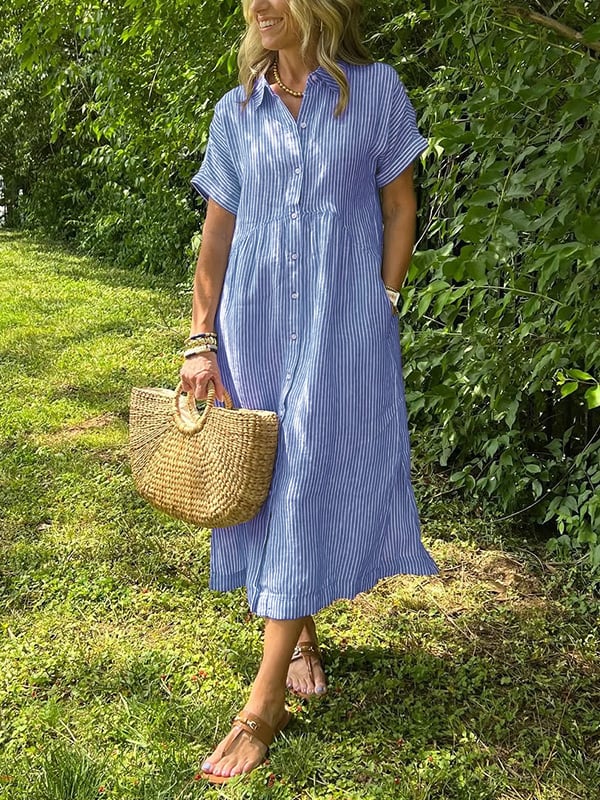 Dame Stribet Maxi Skjortekjole | Knapper-Op Reversstil