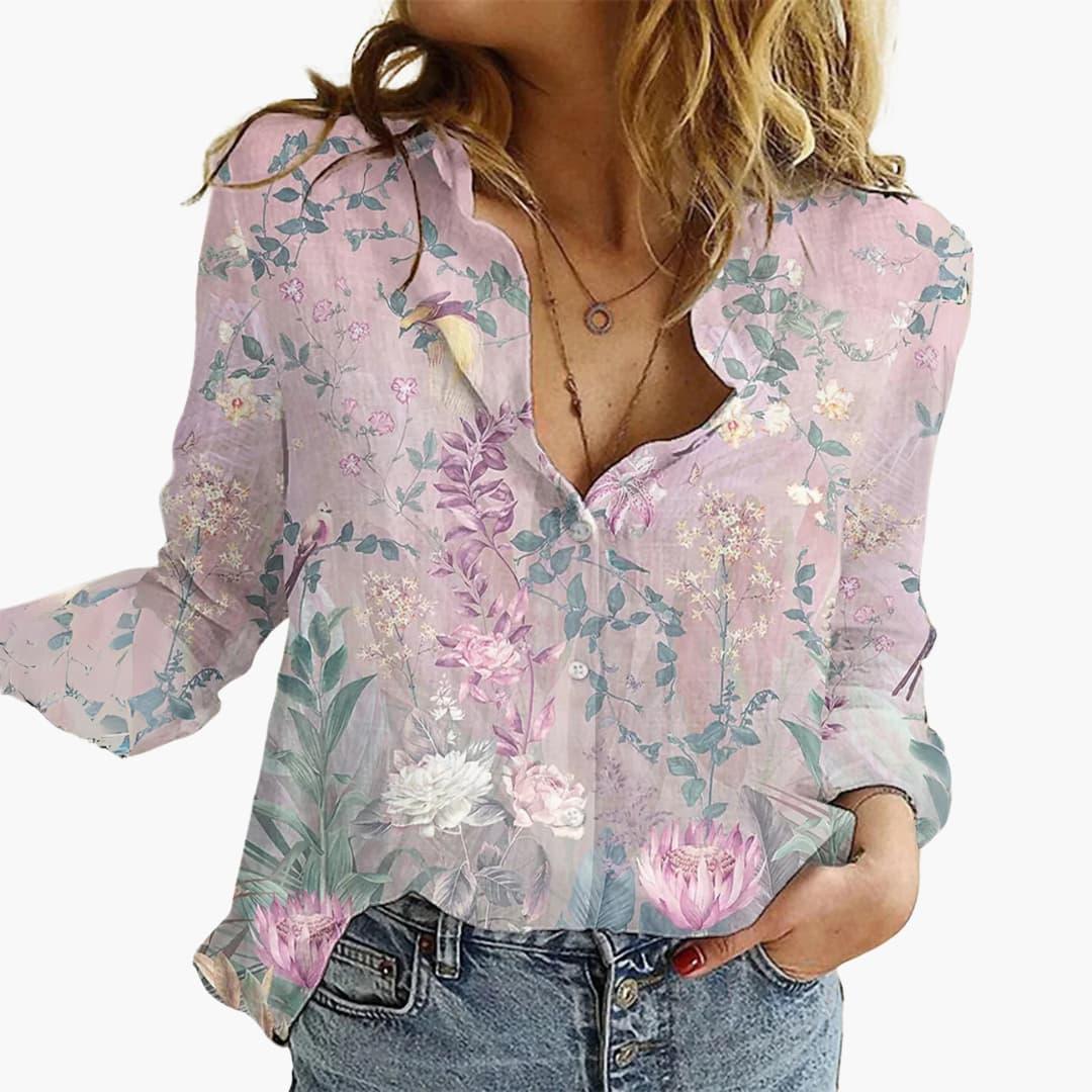 Dame Sommerfugleprint Bluse | V-Udskæring Afslappende Pasform