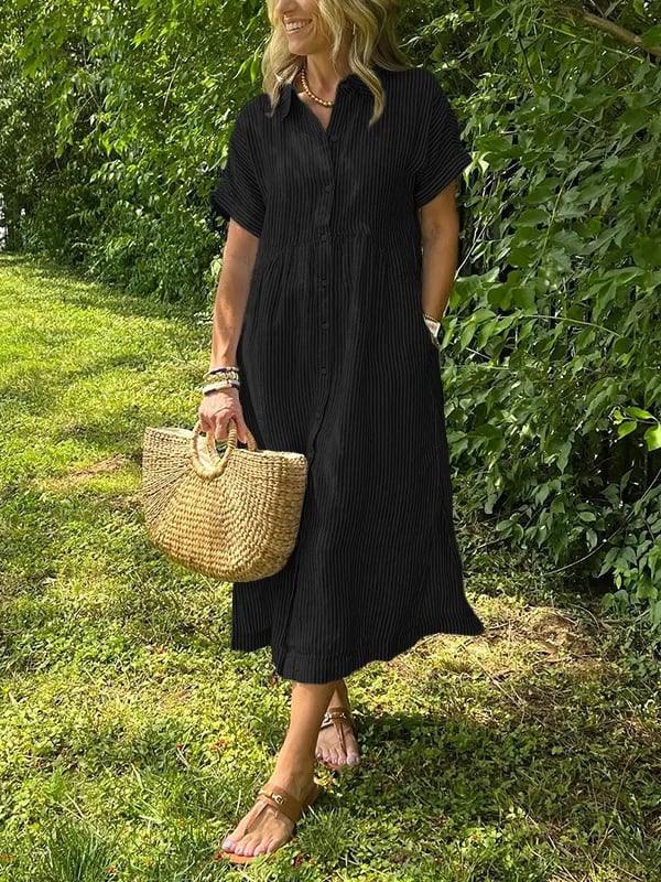 Dame Stribet Maxi Skjortekjole | Knapper-Op Reversstil