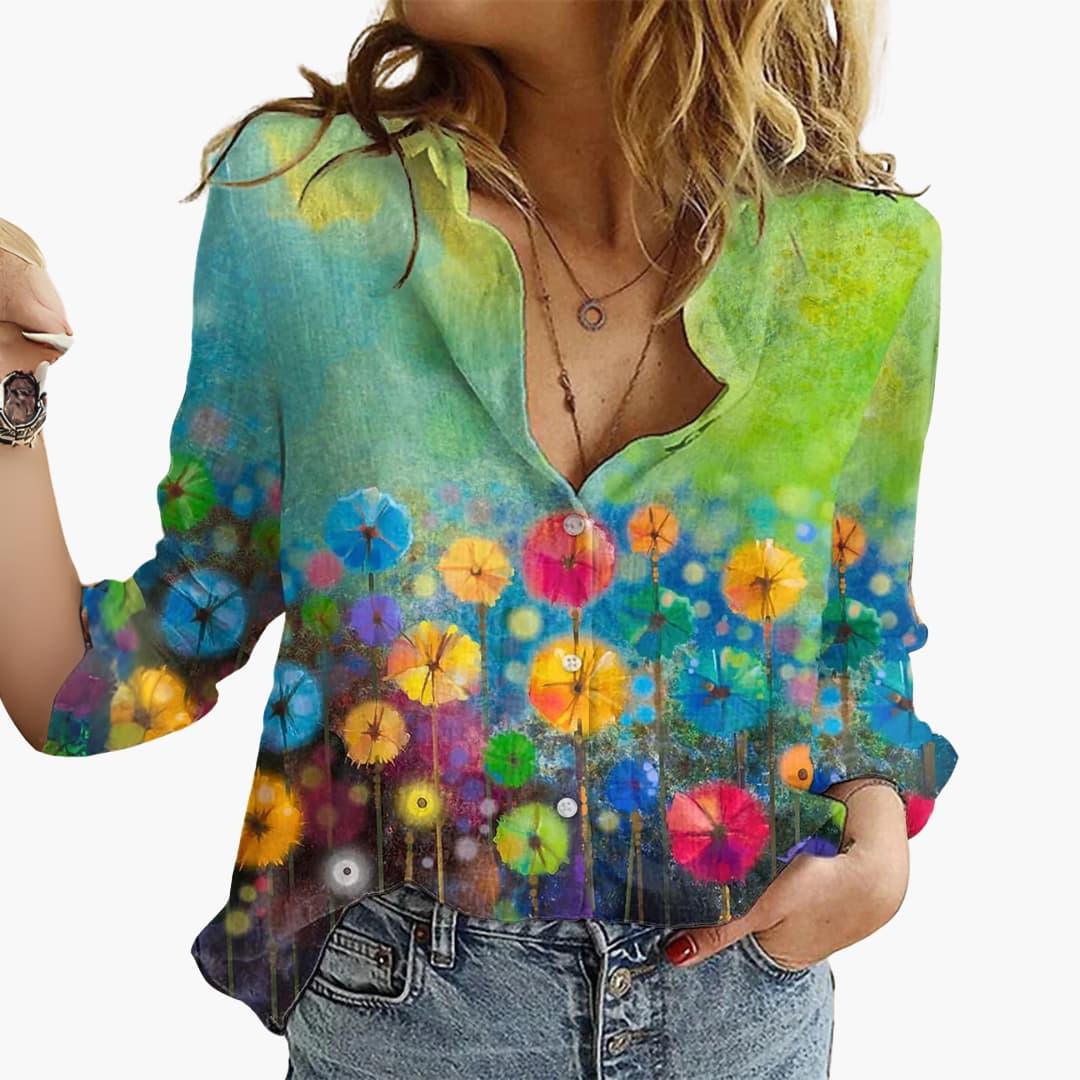 Dame Sommerfugleprint Bluse | V-Udskæring Afslappende Pasform