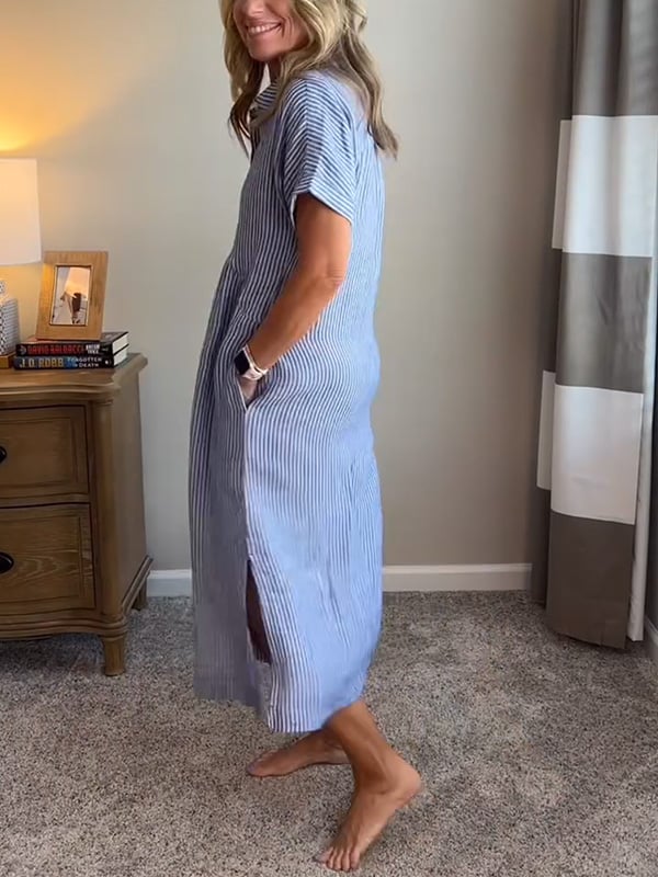 Dame Stribet Maxi Skjortekjole | Knapper-Op Reversstil