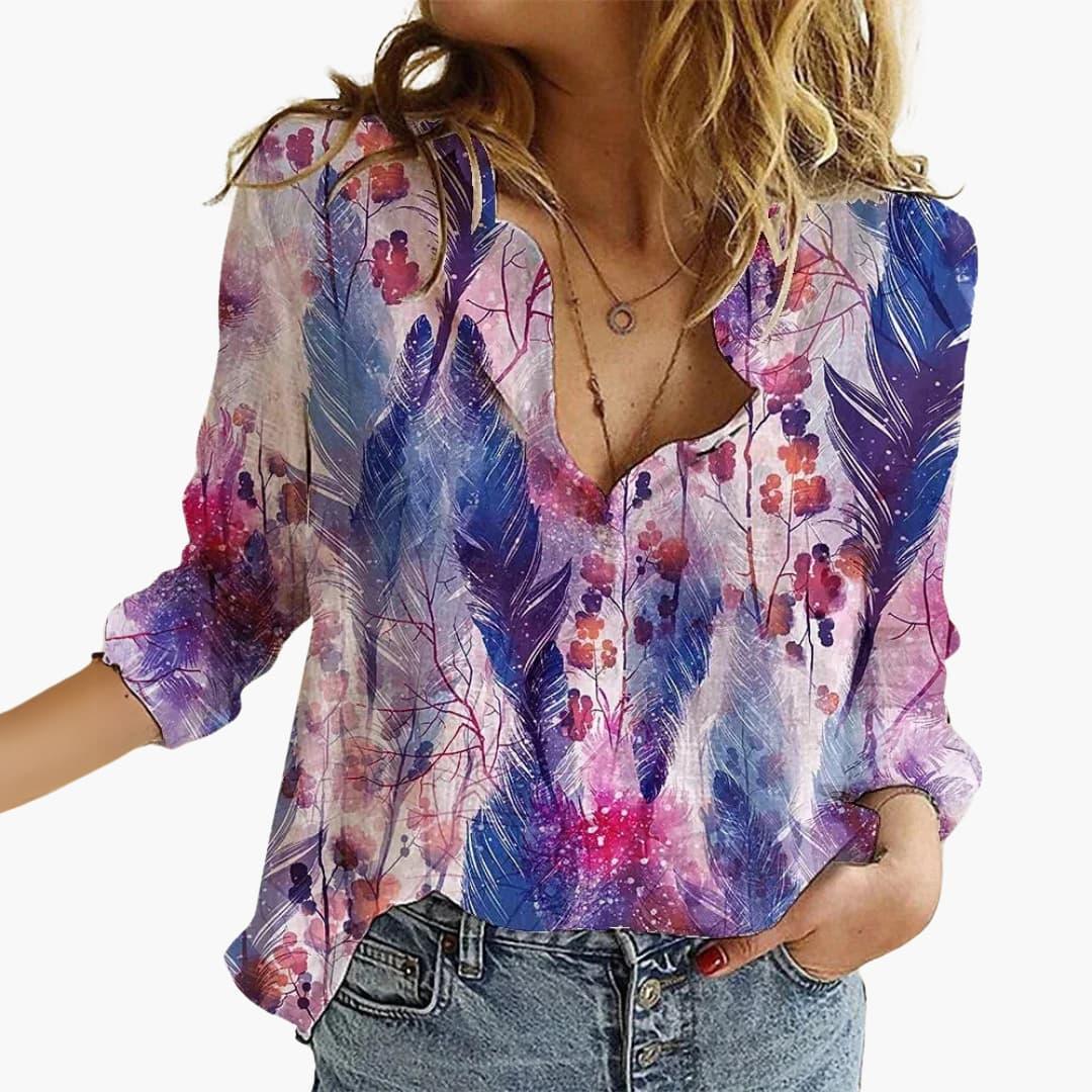 Dame Sommerfugleprint Bluse | V-Udskæring Afslappende Pasform