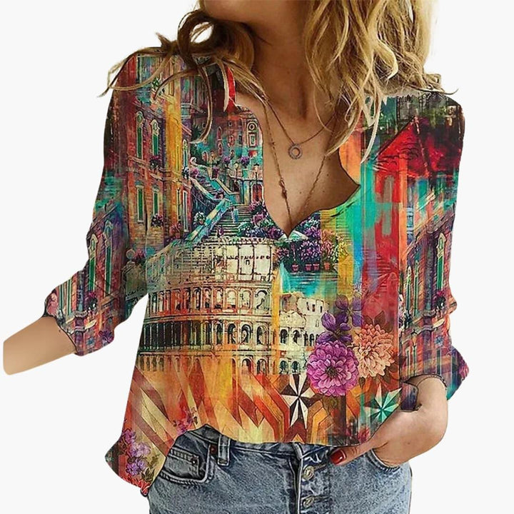 Dame Sommerfugleprint Bluse | V-Udskæring Afslappende Pasform