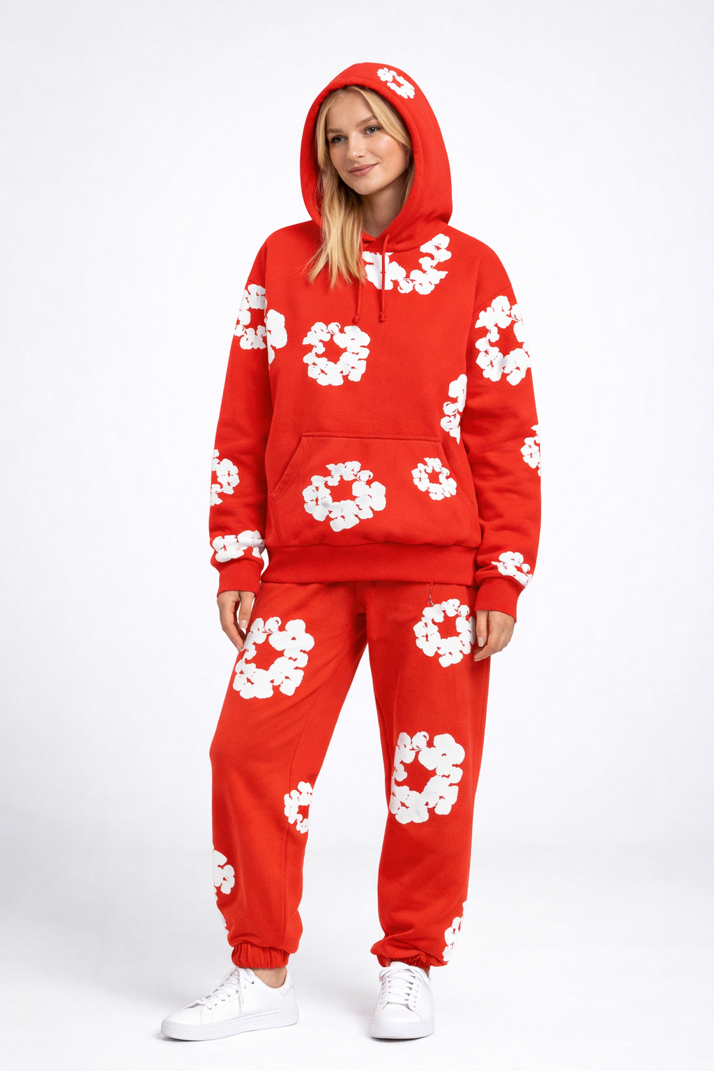 Dame Blomster Tryk Træningsdragt Sæt | Hættetrøje Og Joggere Todelt