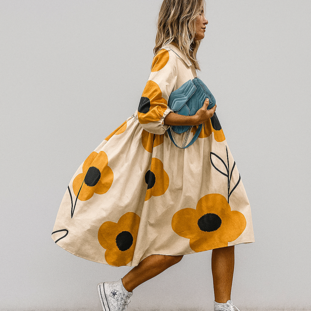 Robe midi ligne A pour femme | Manches bouffantes coupe oversize