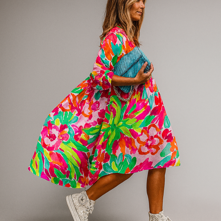 Robe midi ligne A pour femme | Manches bouffantes coupe oversize