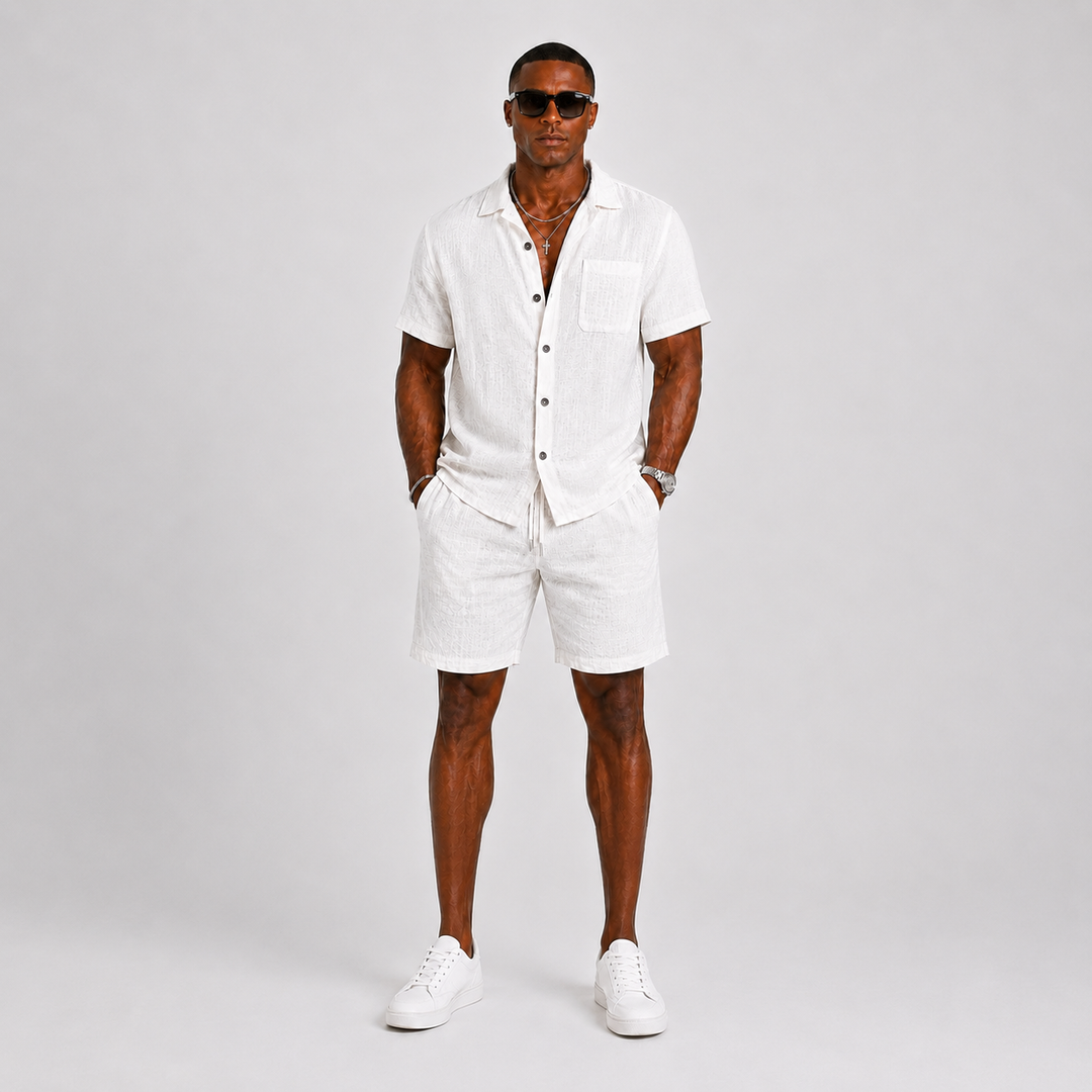 Pánský lněný mix krátkých kalhot a set | Dvoudílný letní outfit