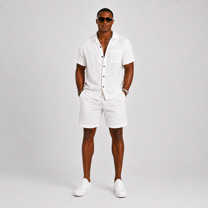 Pánský lněný mix krátkých kalhot a set | Dvoudílný letní outfit