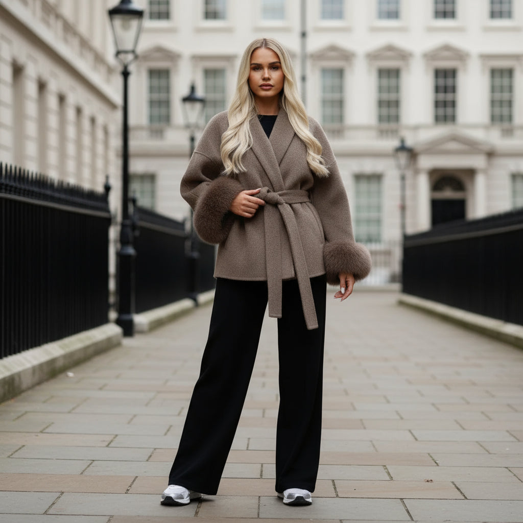 Manteau enveloppant | bordure en fausse fourrure, style oversize