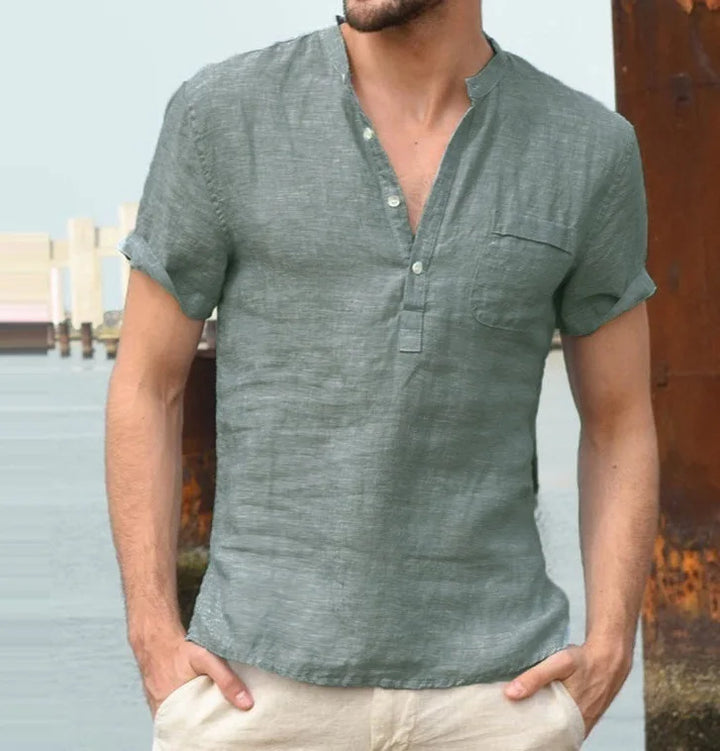 Chemise dame à manches courtes en lin | Col montant look estival