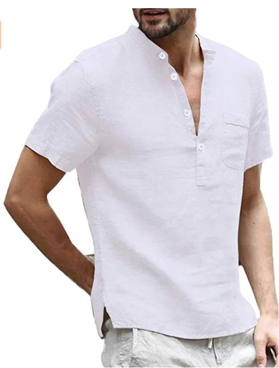 Chemise dame à manches courtes en lin | Col montant look estival