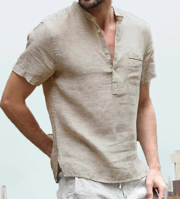 Chemise dame à manches courtes en lin | Col montant look estival