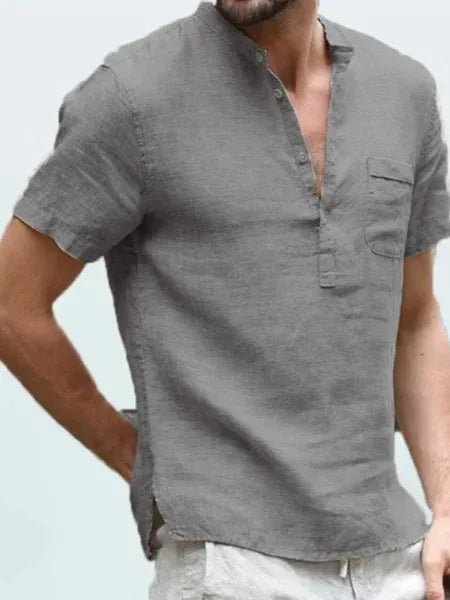 Chemise dame à manches courtes en lin | Col montant look estival