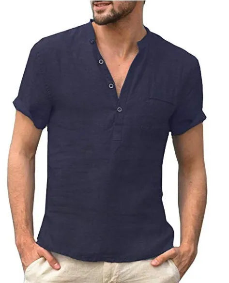 Chemise dame à manches courtes en lin | Col montant look estival