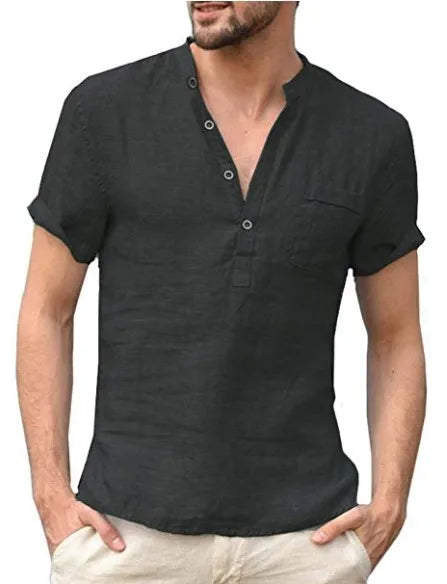 Chemise dame à manches courtes en lin | Col montant look estival