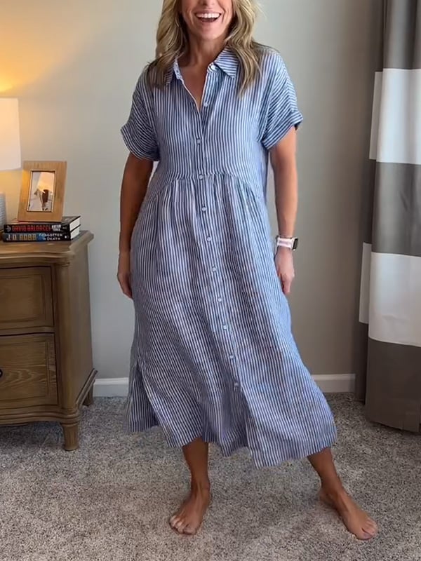 Dame Stribet Maxi Skjortekjole | Knapper-Op Reversstil