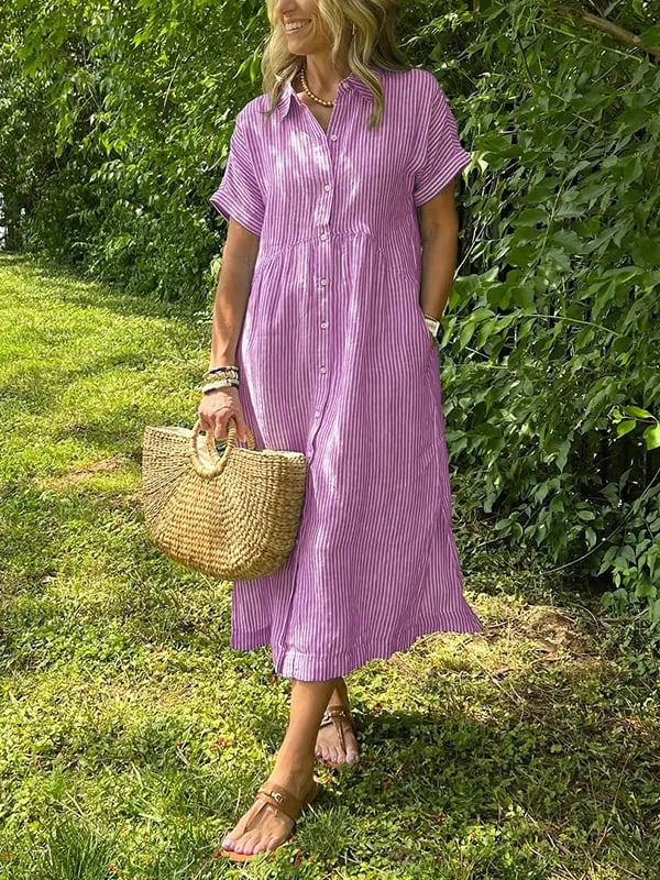 Dame Stribet Maxi Skjortekjole | Knapper-Op Reversstil