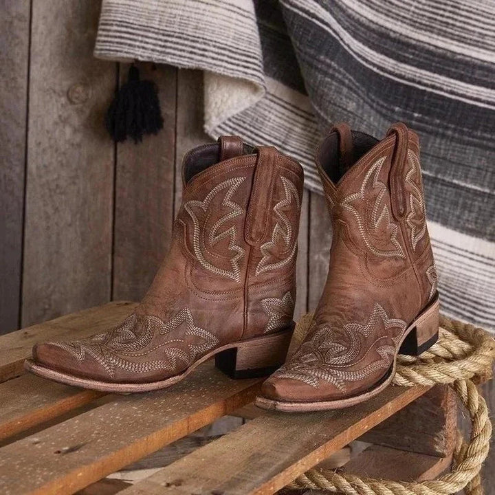 Dame Broderet Læder Cowboystøvler