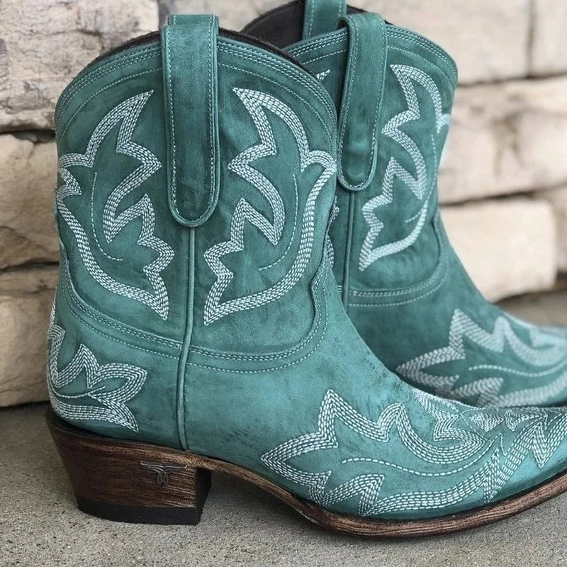 Dame Broderet Læder Cowboystøvler