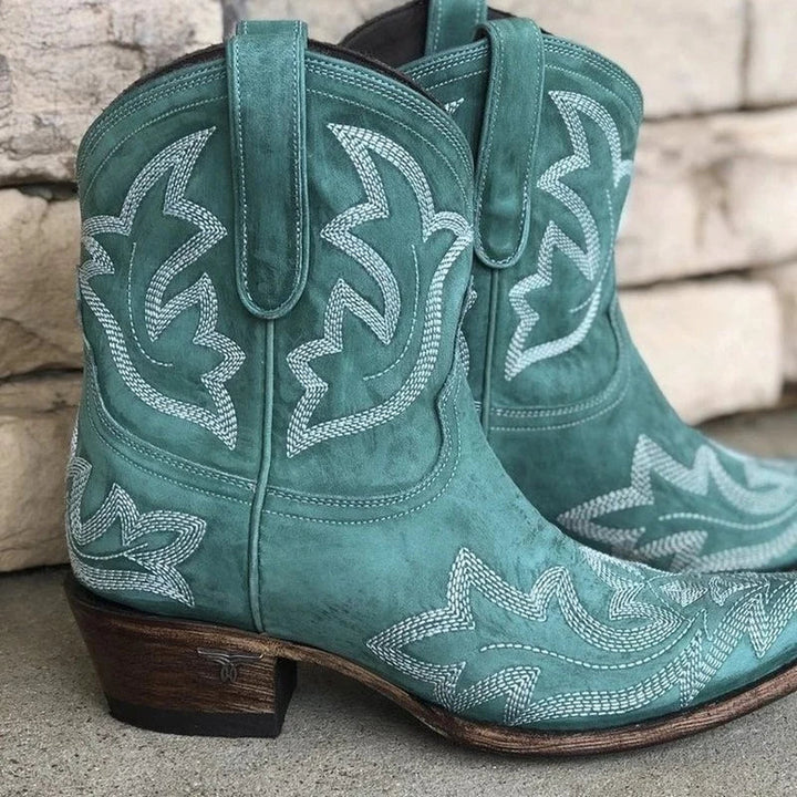 Dame Broderet Læder Cowboystøvler