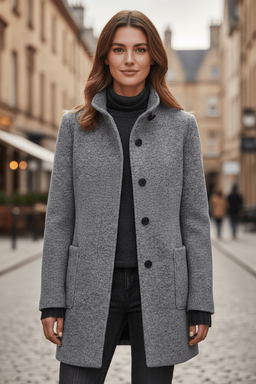 Women's Wool-Blend Coat | Stand Collar Tailored Fit