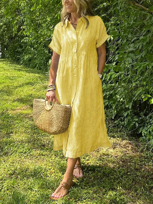 Dame Stribet Maxi Skjortekjole | Knapper-Op Reversstil