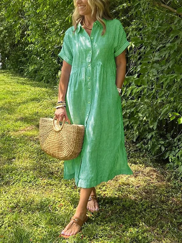 Dame Stribet Maxi Skjortekjole | Knapper-Op Reversstil