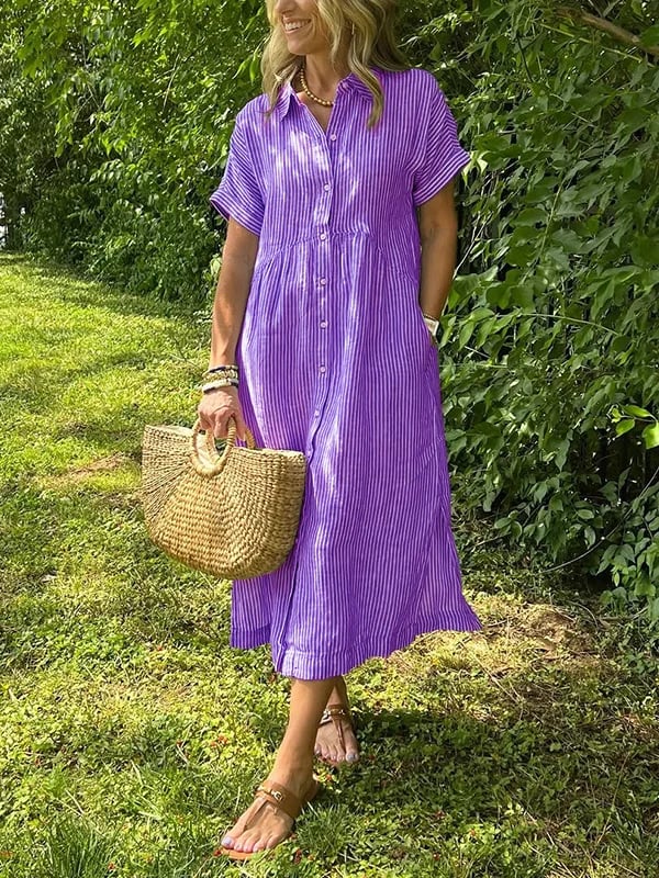 Dame Stribet Maxi Skjortekjole | Knapper-Op Reversstil