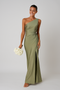 Sukienka maxi na jedno ramię | Satynowy wygląd, formalna, wysoki rozcięcie