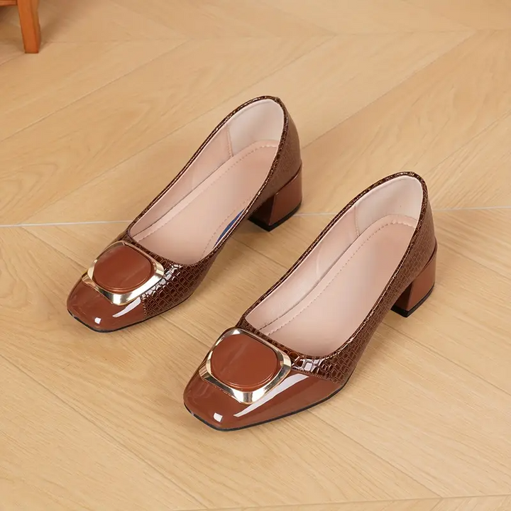Women's Buckle-Detail Block Heels | Croc-Style Everyday Elegance