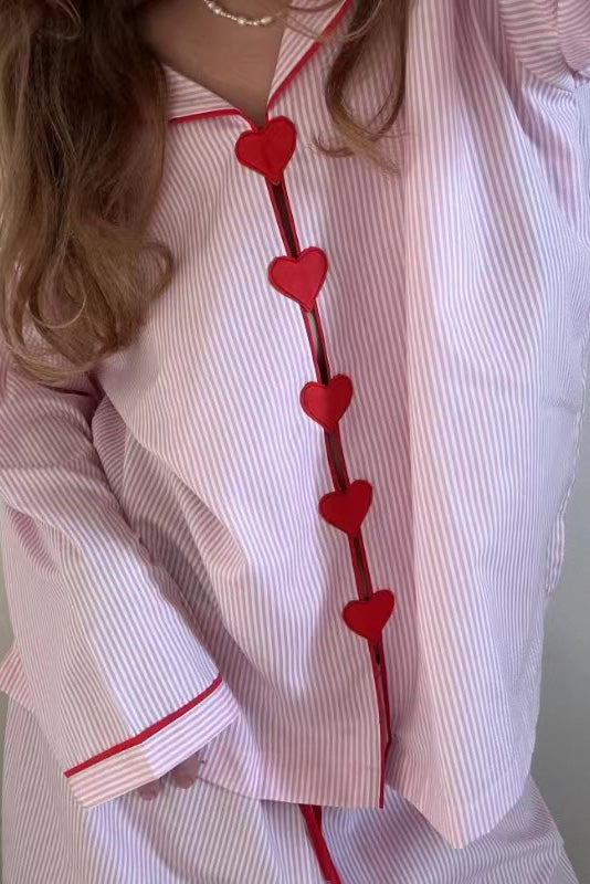 Set de pijamale cu două piese pentru dame | Nasturi în formă de inimă Talie elastică