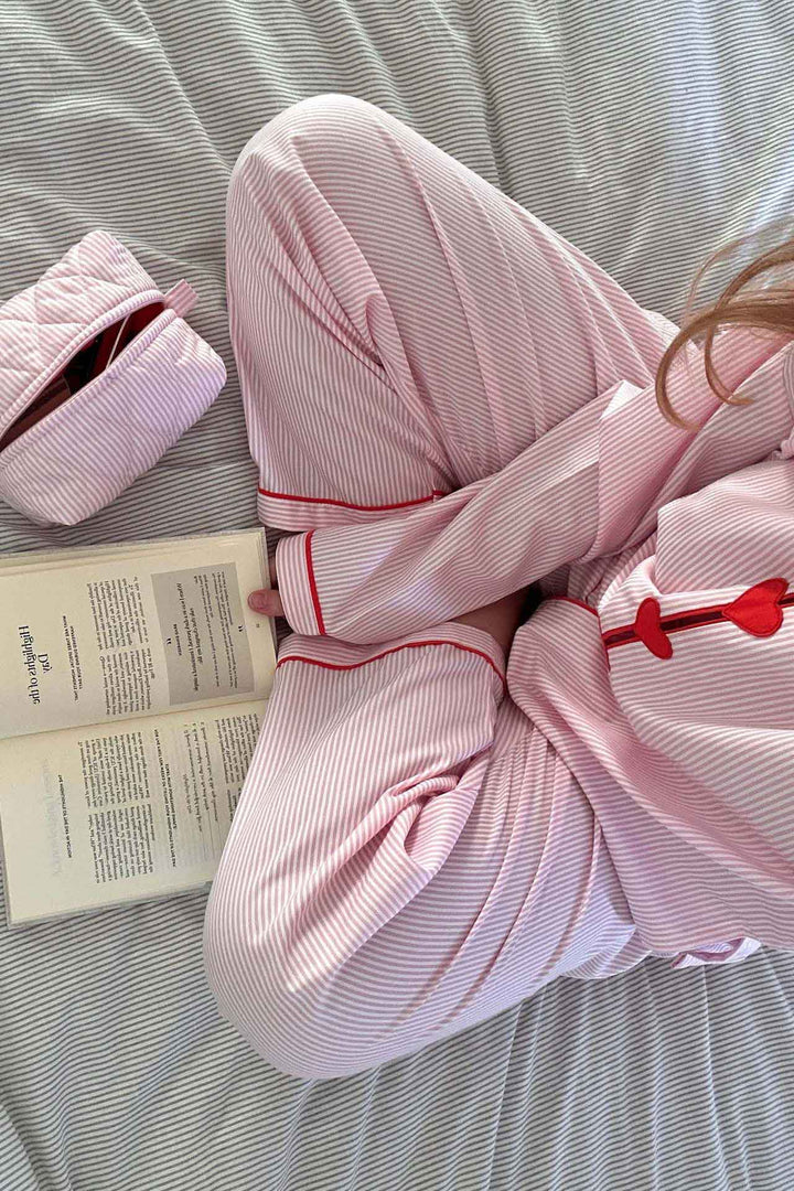 Set de pijamale cu două piese pentru dame | Nasturi în formă de inimă Talie elastică
