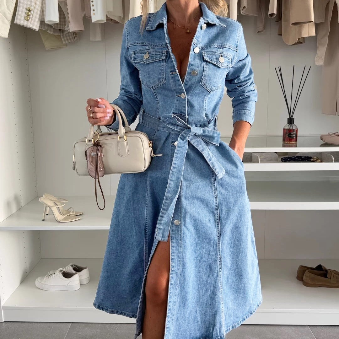 Dame Maxi Denimstil Kjole | Langærmet Afslappet Hverdagslook