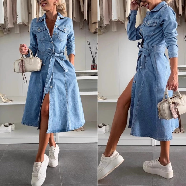 Dame Maxi Denimstil Kjole | Langærmet Afslappet Hverdagslook