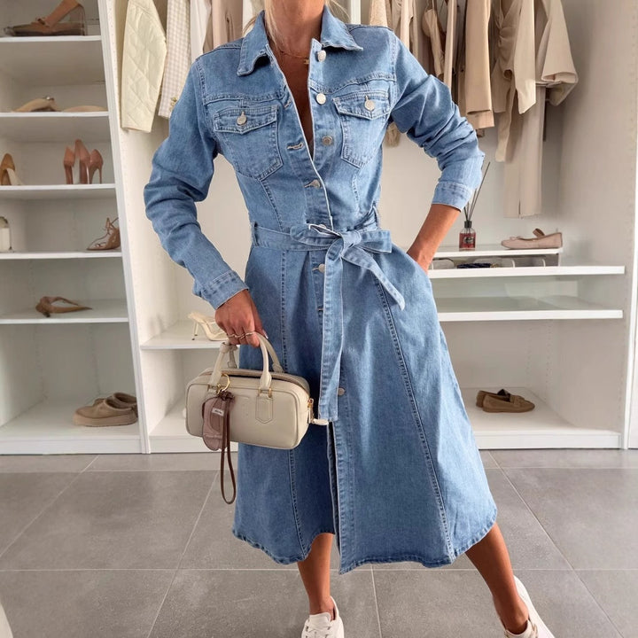 Dame Maxi Denimstil Kjole | Langærmet Afslappet Hverdagslook
