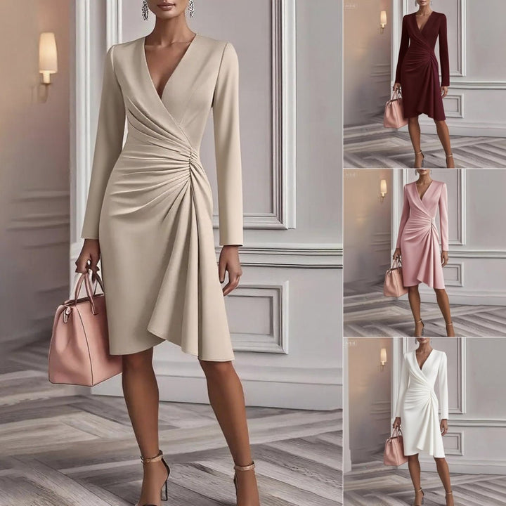 Dame V-Hals Rynket Midi-Kjole | Elegante Langærmet Forårsstil