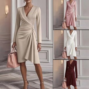 Dame V-Hals Rynket Midi-Kjole | Elegante Langærmet Forårsstil